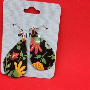 Hand Crafted Dangle Earring Faux Leather Floral Teardrop - Black and Multicolor